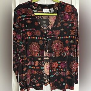 Chico’s Travelers Sz 3 = XL Geometric Aztec Slinky Knit Tie Neck Top Jacket